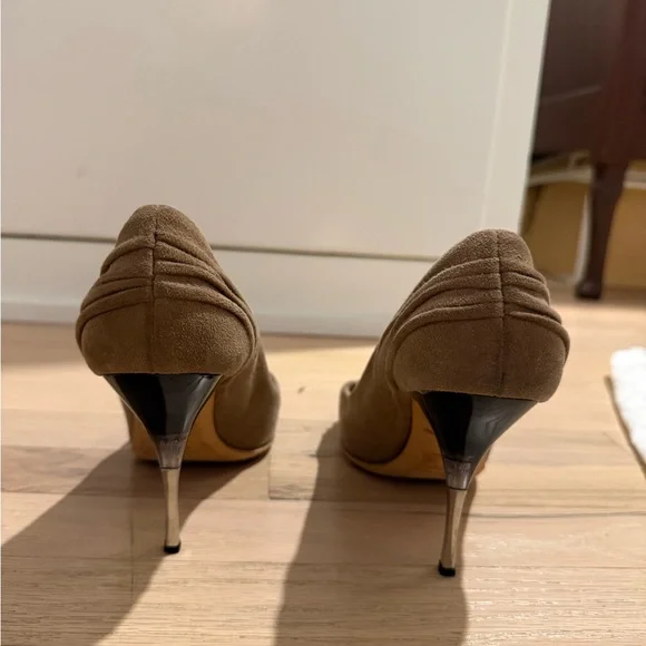 Prada Women's Taupe Suede Knotted Peep-Toe Heels - Picture 5 of 7